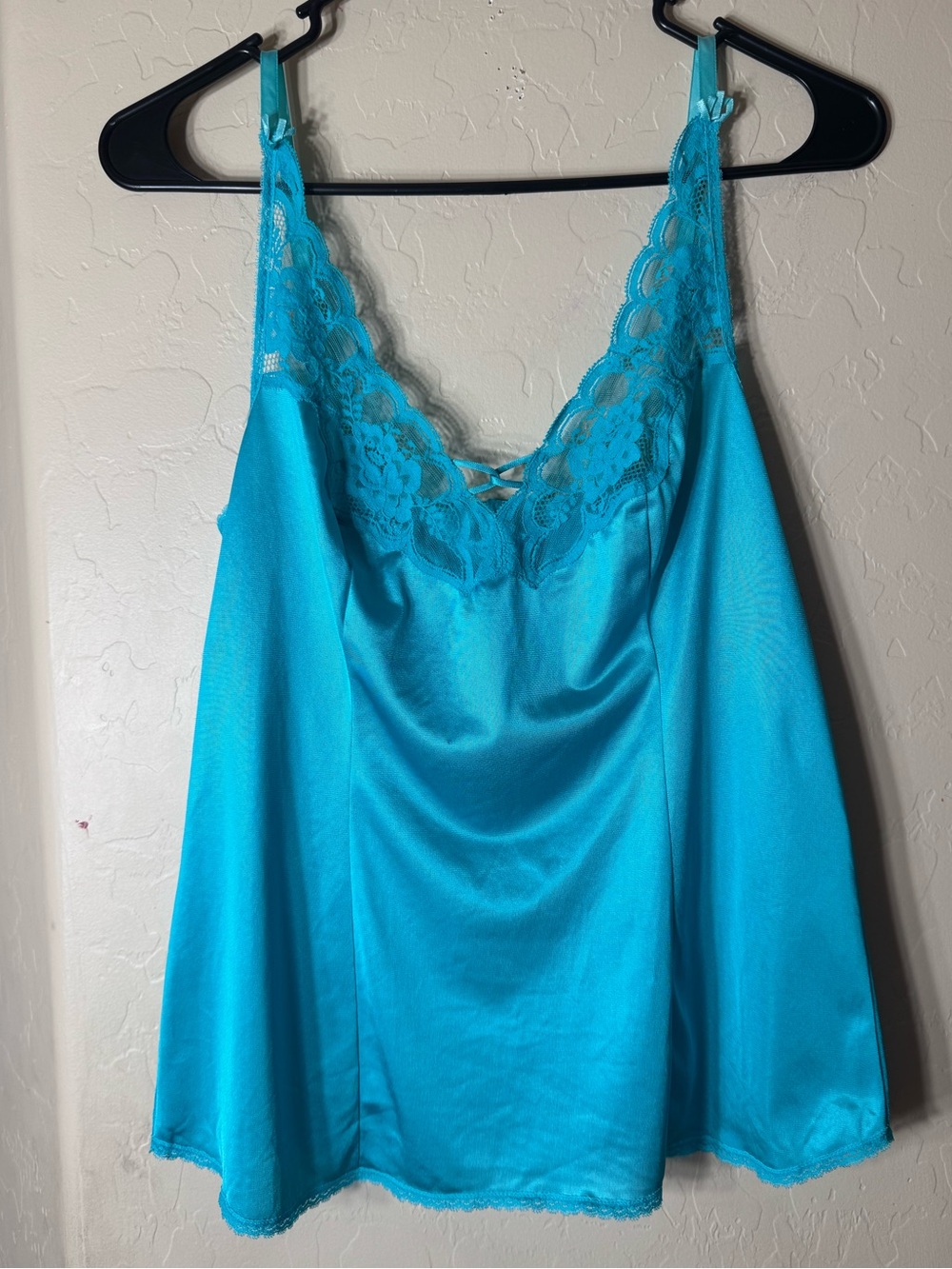 Vintage Vanity Fair Turquoise Lace Trim Satin Cami Slip Top Lingerie Size 34